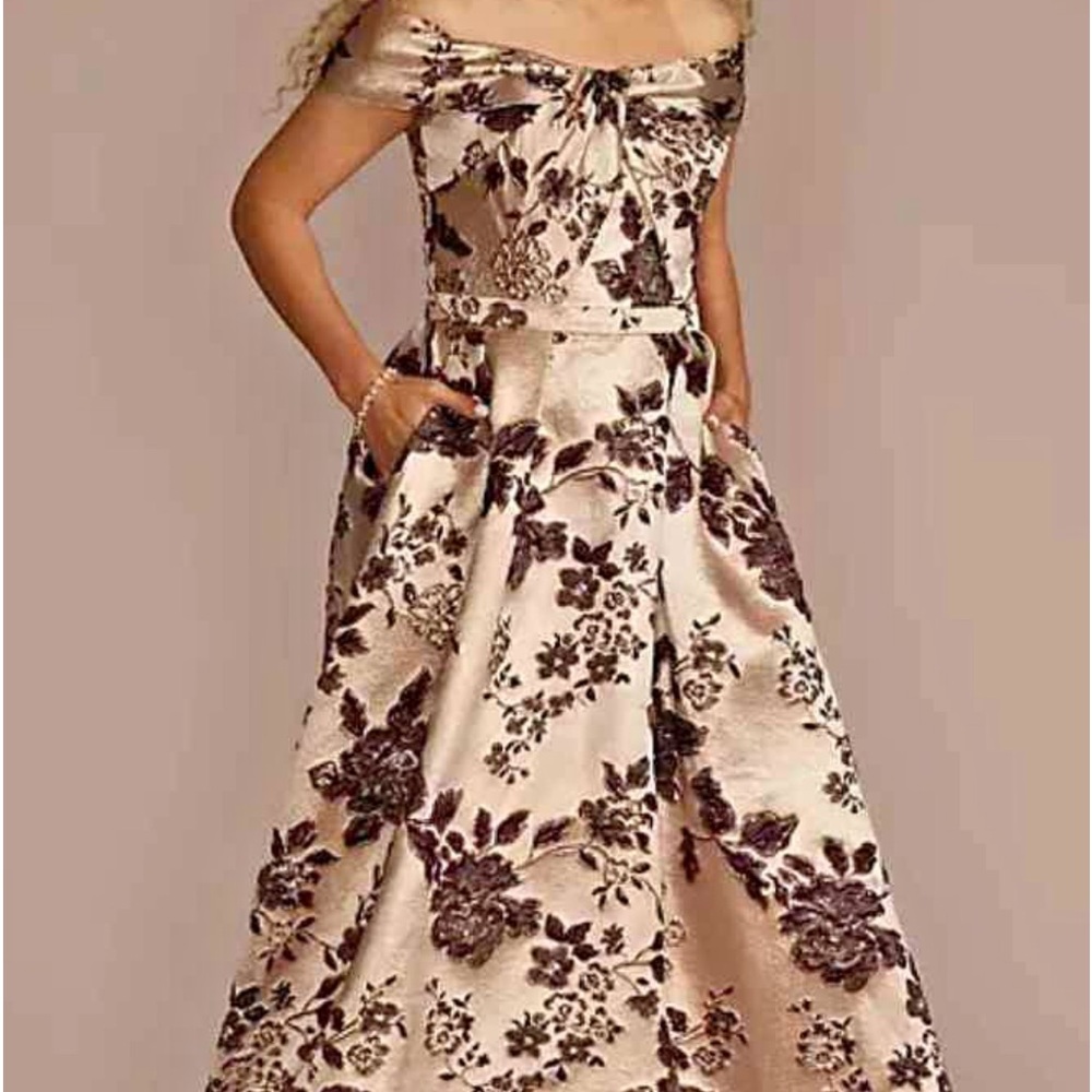 Oleg Cassini Metallic Brocade Off the Shoulder Gown.